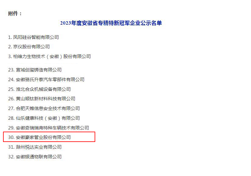 管業(yè)股份被評(píng)為2023年度安徽省專精特新冠軍企業(yè)